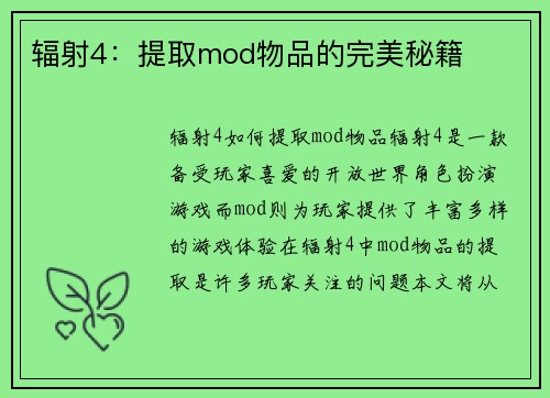 辐射4：提取mod物品的完美秘籍
